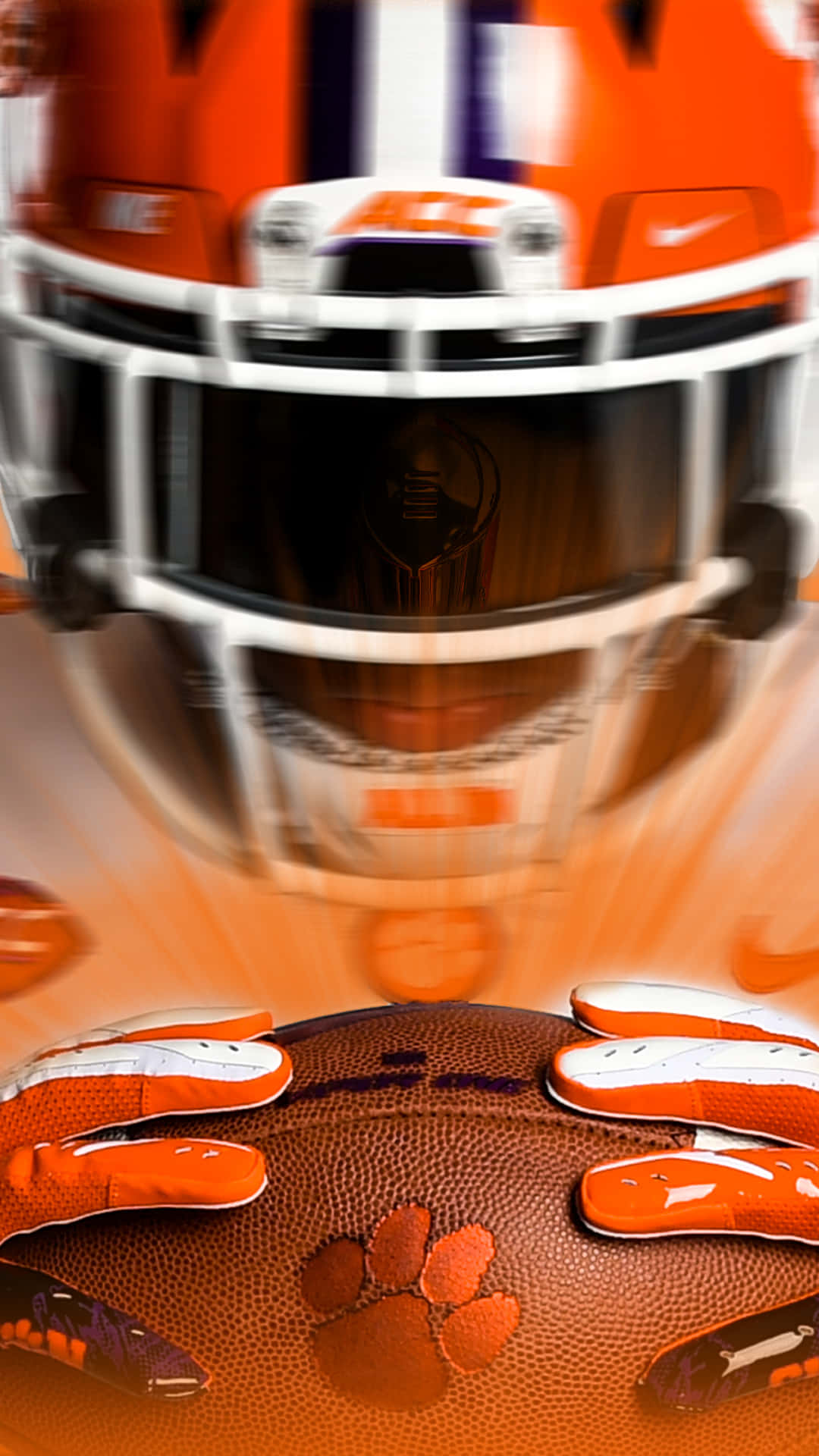 Clemson iPhone 桌布 壁紙 — 克萊姆森橄欖球頭盔和手套抓住球的動態特寫，帶有動態模糊和耀眼的橙色光線。