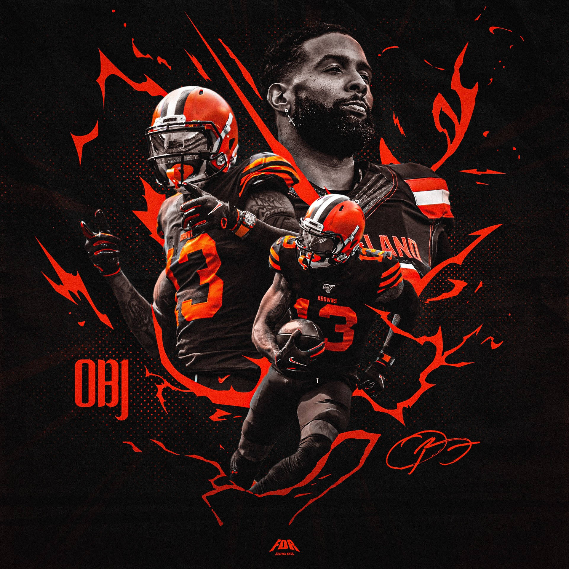 Odell 桌布 壁紙 — 克里夫蘭布朗隊美式足球員OBJ在黑色背景上以火焰橙色能量爆發的動態姿勢呈現的動態數位藝術作品。