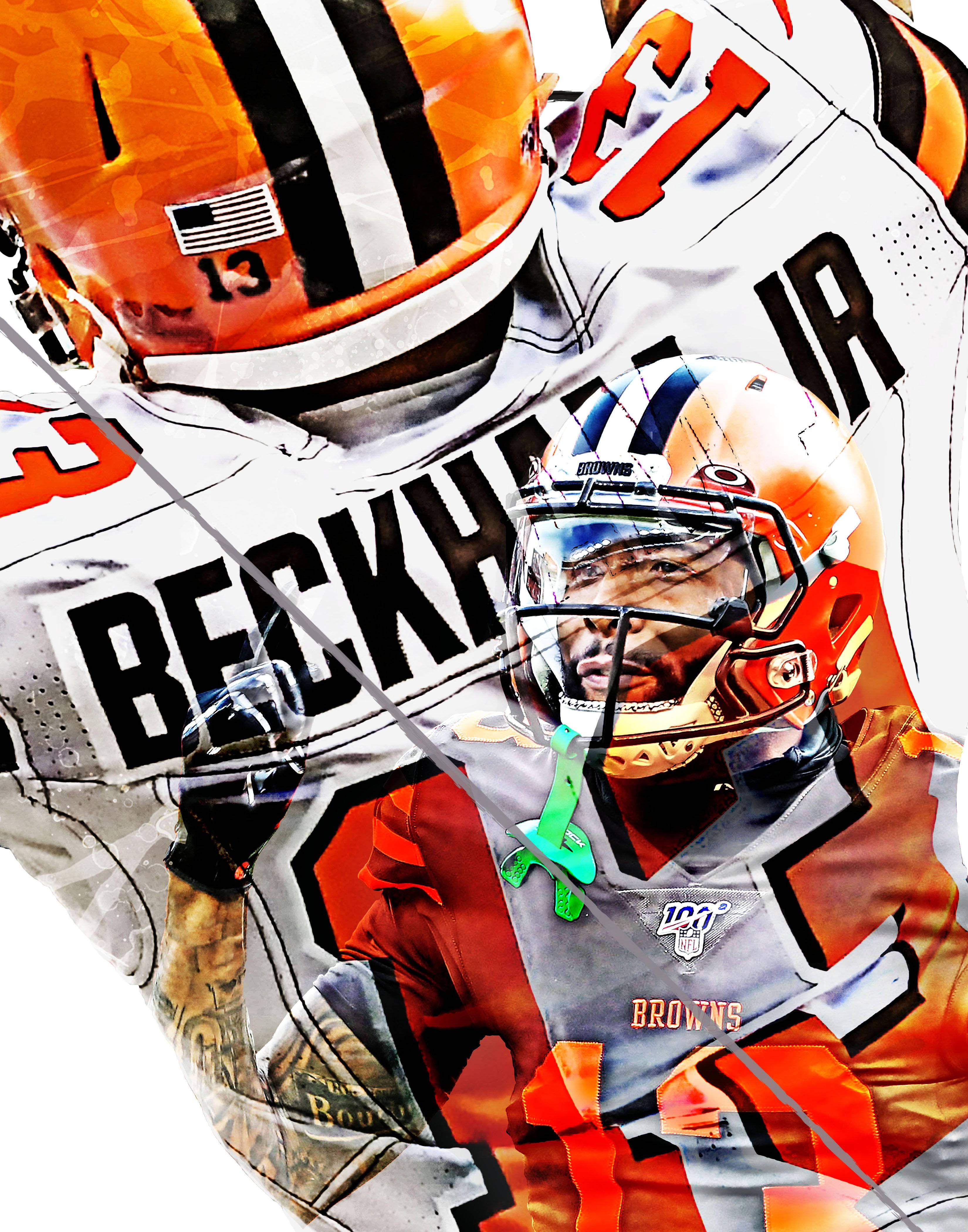 Odell 桌布 壁紙 — 克里夫蘭布朗隊美式足球員貝克漢姆Jr.身穿橙色和棕色球衣、頭盔和綠色絲帶的動態數位藝術拼貼畫。