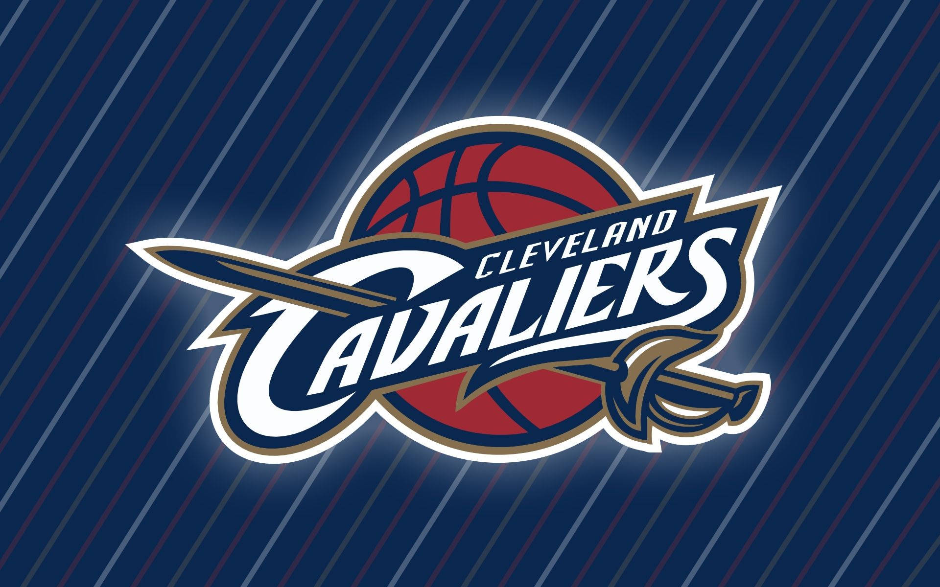 cavaliers 桌布 壁紙 — 克里夫蘭騎士隊標誌，紅色籃球和劍在藍色斜紋背景上。