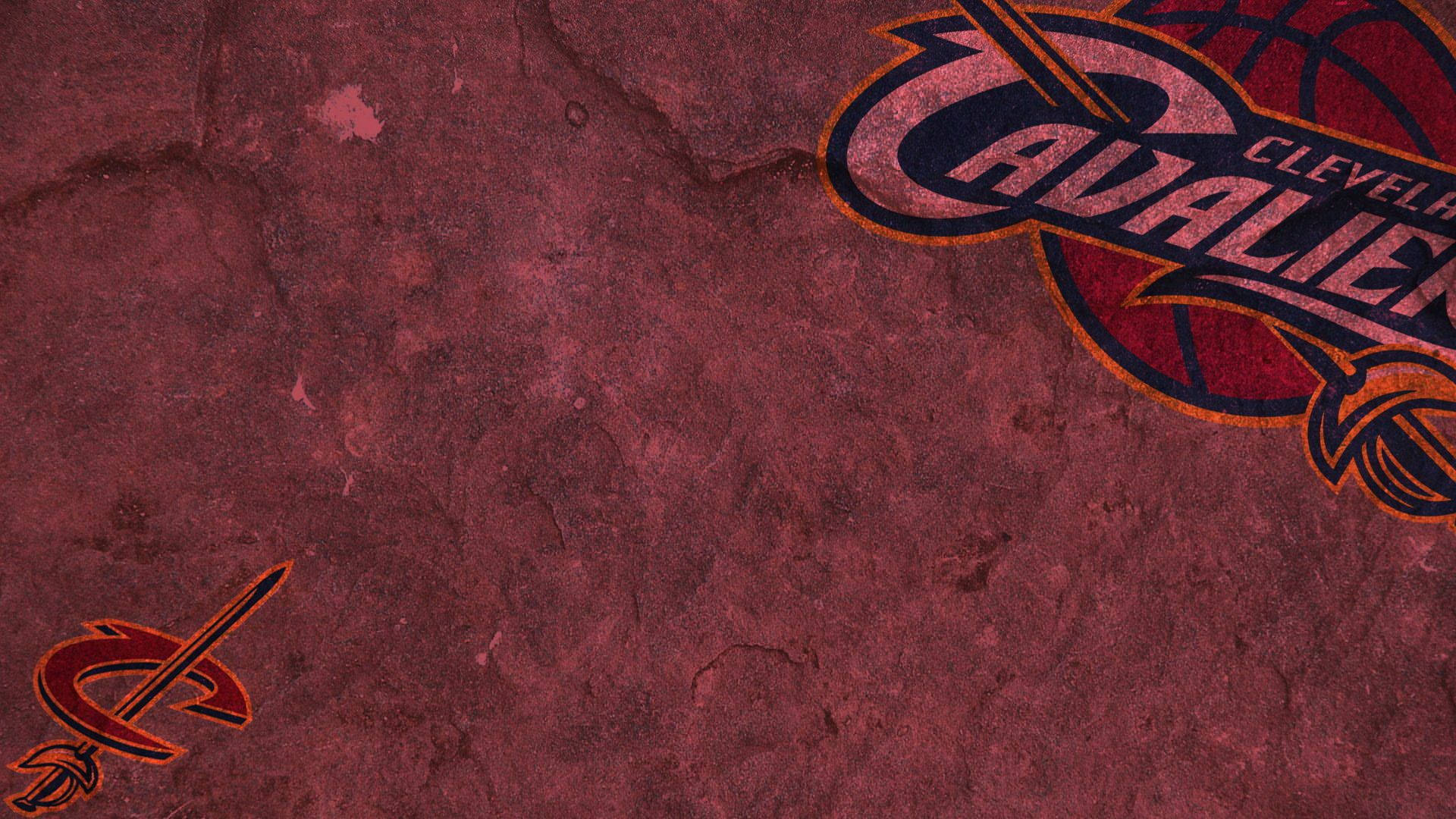 cavaliers 桌布 壁紙 — 克里夫蘭騎士隊標誌以粗體紅色和金色呈現，背景為紋理栗色裂紋牆壁。