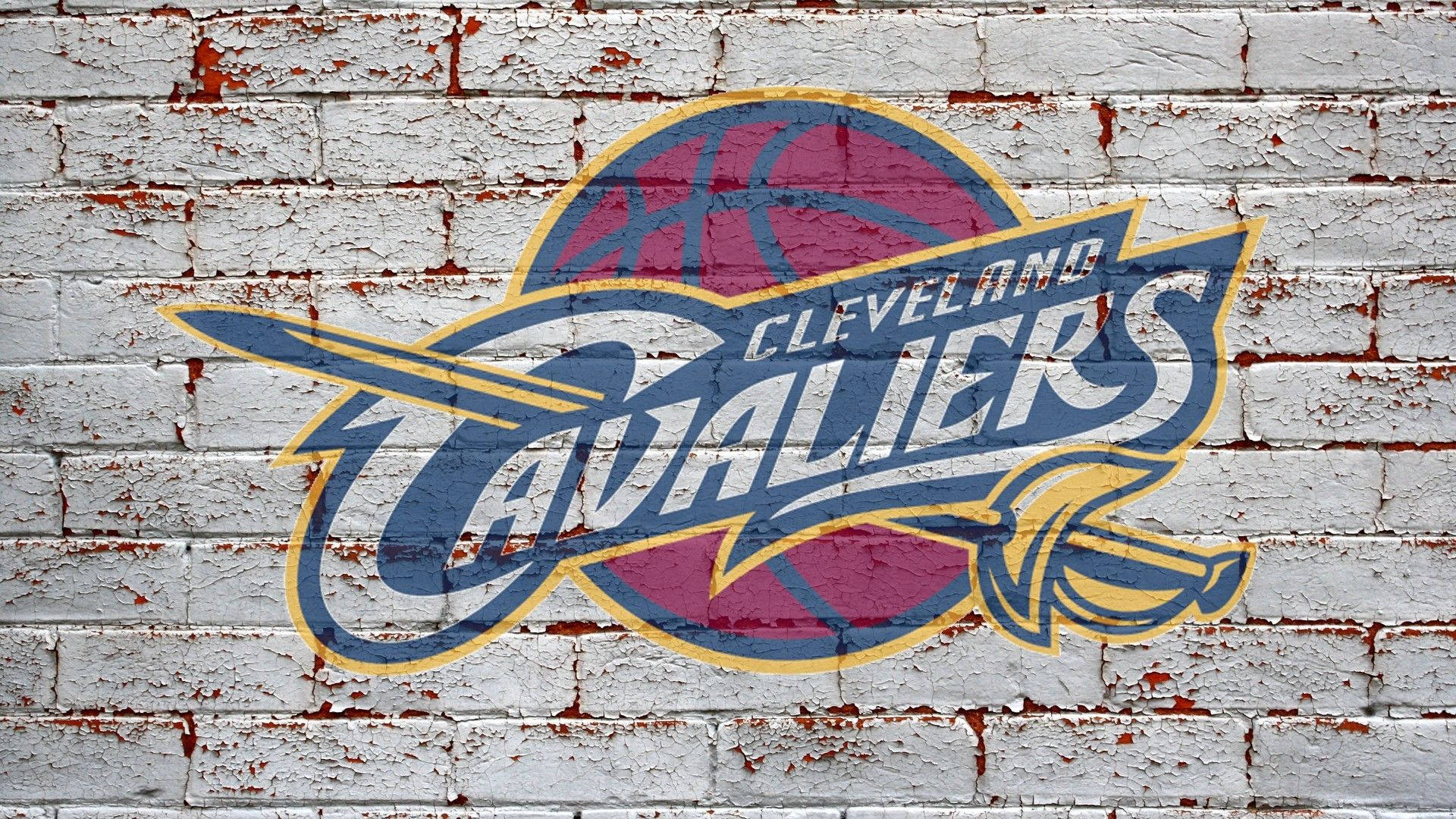 cavaliers 桌布 壁紙 — 克里夫蘭騎士隊標誌以鮮豔色彩繪製在風化的白色磚牆上，油漆剝落。