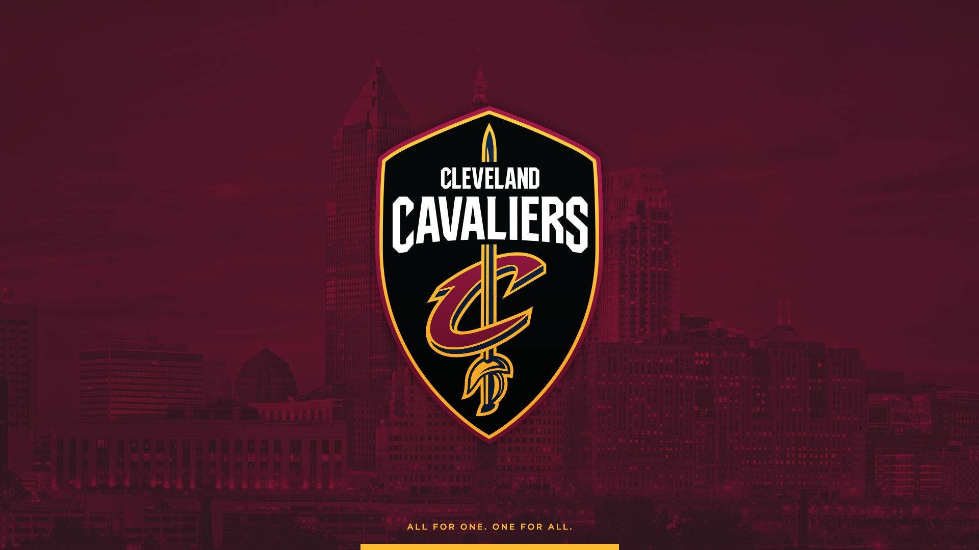 cavaliers 桌布 壁紙 — 克里夫蘭騎士隊標誌居中放置於帶有栗色色調的城市天際線之上，背景有摩天大樓。