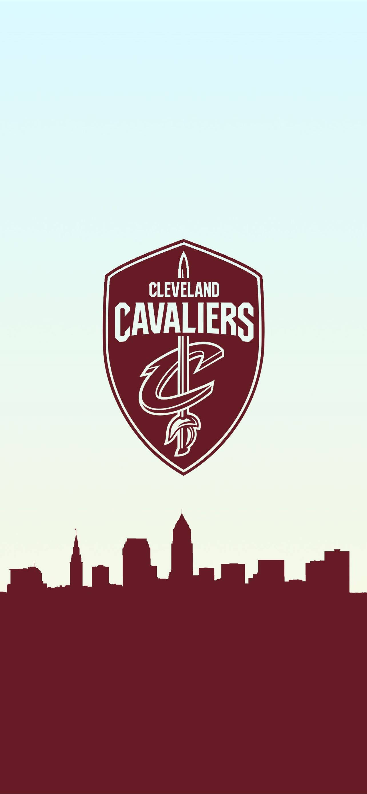 NBA 桌布 壁紙 — 克里夫蘭騎士隊標誌漂浮在栗色城市天際線之上，背景是柔和的漸變天空。