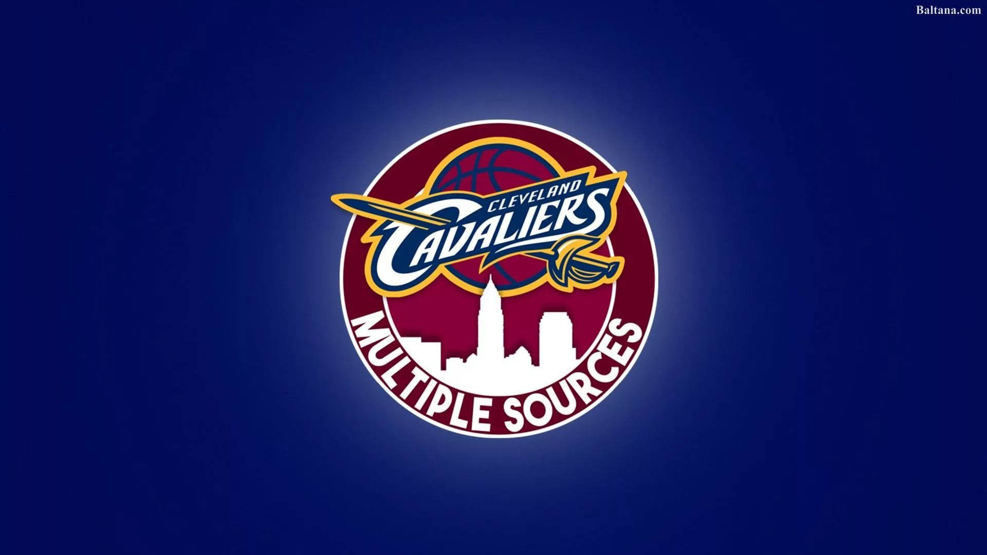 cavaliers 桌布 壁紙 — 克里夫蘭騎士隊籃球標誌居中於深藍色漸變背景上，帶有白色城市天際線剪影。