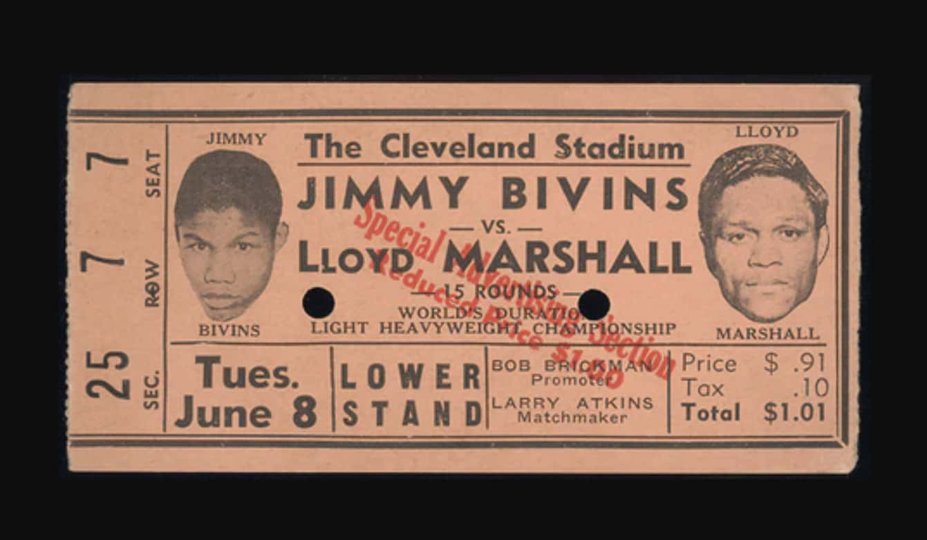 Boxing 桌布 壁紙 — 克里夫蘭體育場舉行的Jimmy Bivins對Lloyd Marshall的復古拳擊門票，附有肖像和價格詳情。