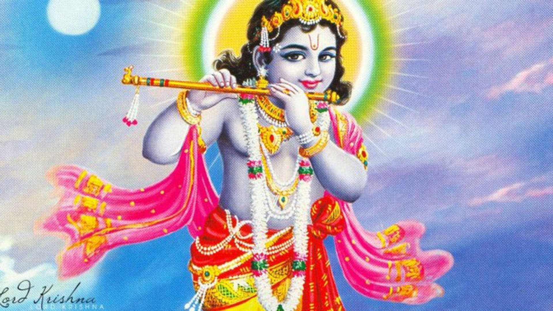 krishna god 桌布 壁紙 — 克里希納主在藍天白雲和滿月的襯托下吹奏長笛，散發著耀眼的光環。