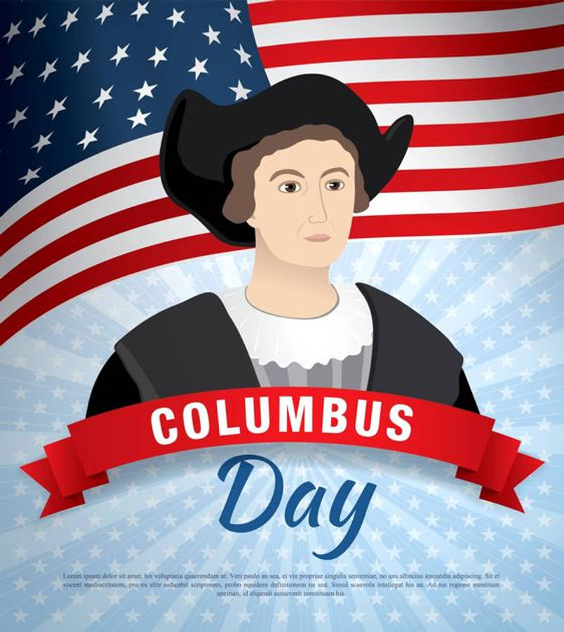 Columbus Day 桌布 壁紙 — 克里斯多福·哥倫布的插圖肖像，背景為風格化的美國國旗，並帶有紅色橫幅寫著哥倫布日。