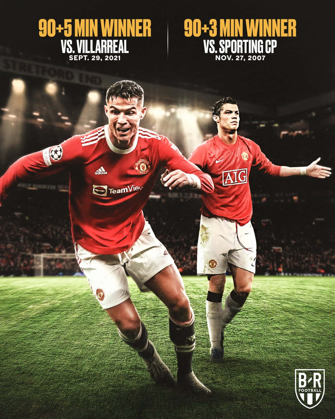 Manchester United Team 桌布 壁紙 — 克里斯蒂亞諾·羅納度在燈光球場上穿著紅色曼聯球衣慶祝兩個遲來的進球。