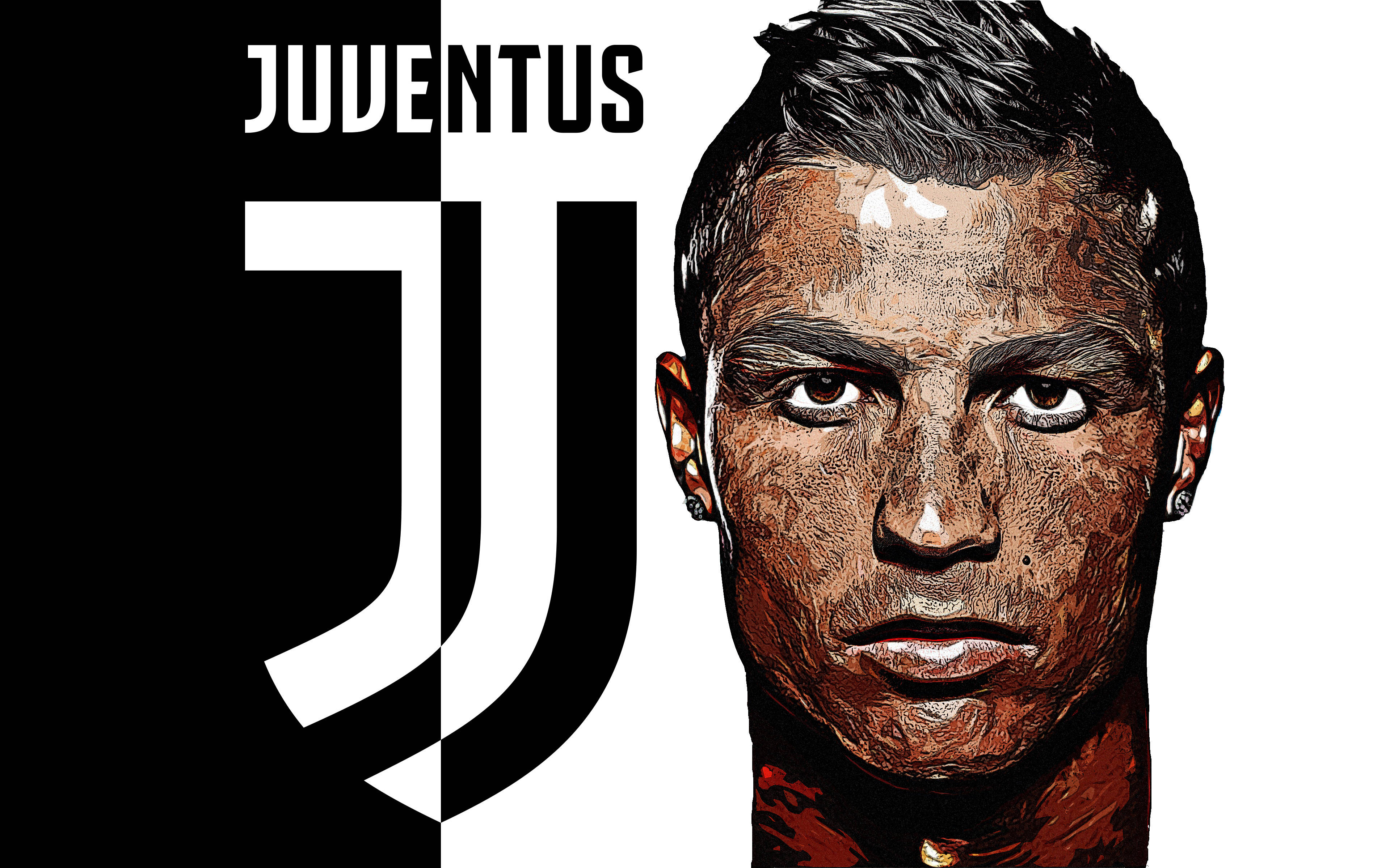 Ronaldo 桌布 壁紙 — 克里斯蒂亞諾·羅納度的風格化肖像，背後垂直分割了尤文圖斯標誌。