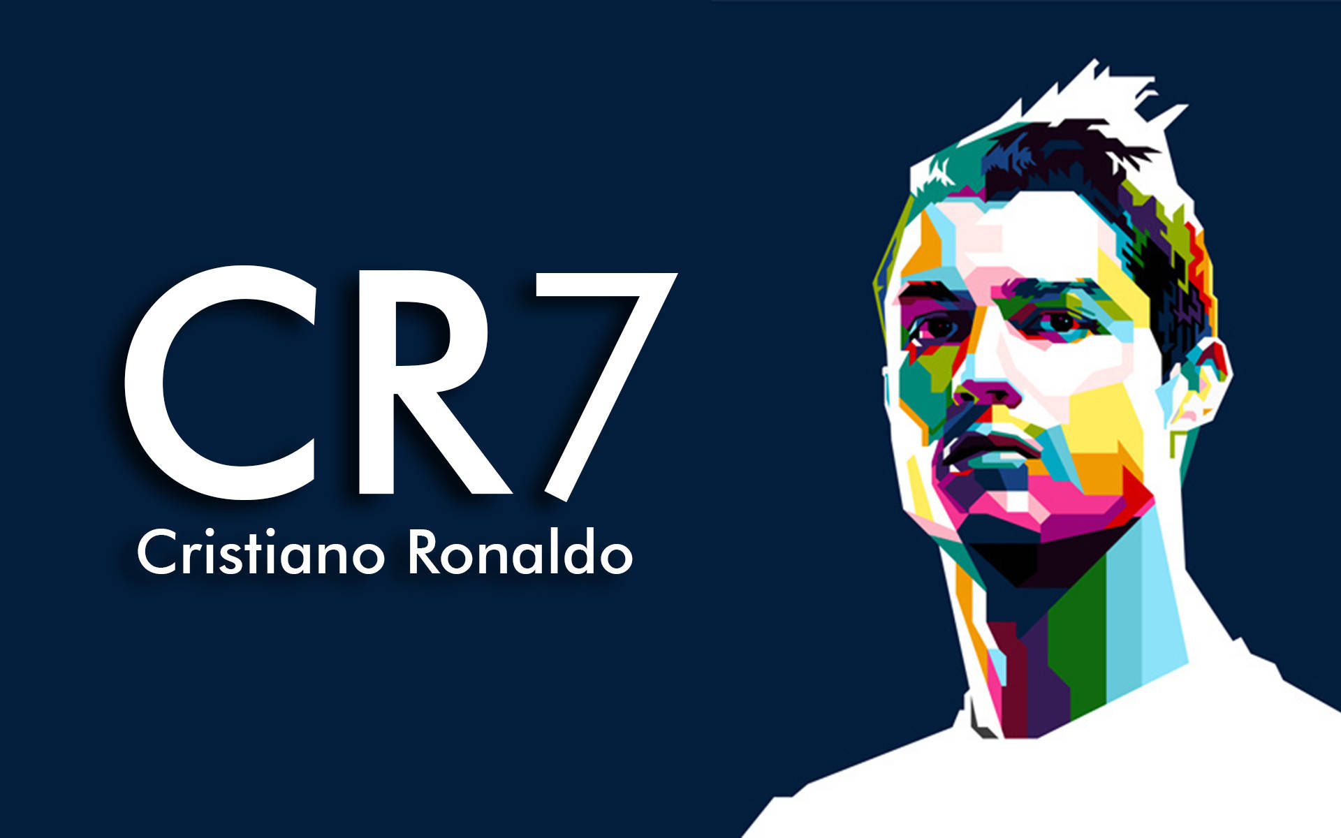 Cr7 桌布 壁紙 — 克里斯蒂亞諾·羅納度的鮮明普普藝術肖像，帶有強烈幾何色彩方塊，背景為深藍色。