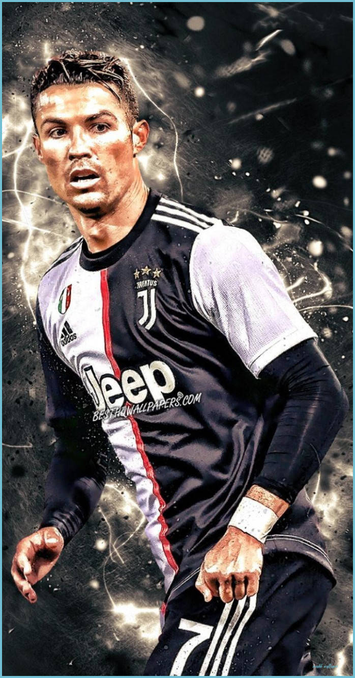 Ronaldo 桌布 壁紙 — 克里斯蒂亞諾·羅納度身穿尤文圖斯球衣，在充滿粒子的黑暗背景前以電光石火般的能量衝刺。