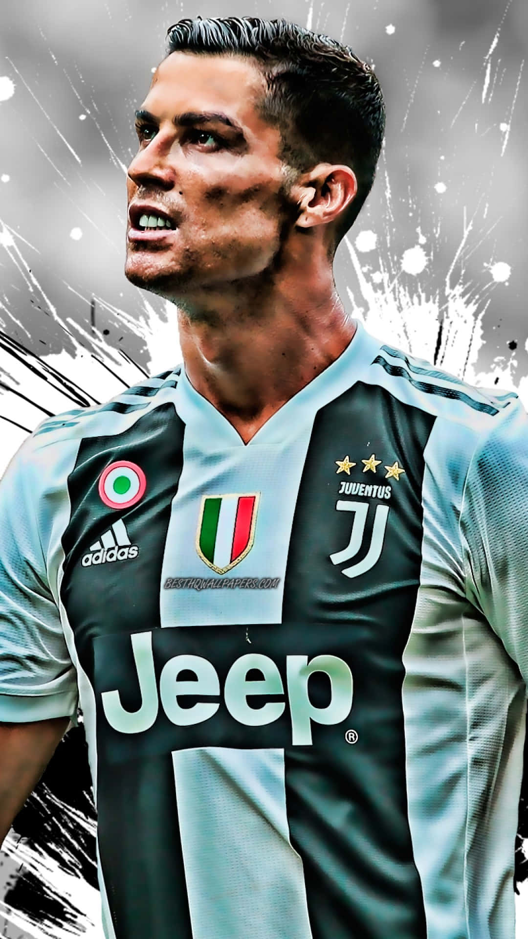 Ronaldo 桌布 壁紙 — 克里斯蒂亞諾·羅納度身穿尤文圖斯足球球衣的動感肖像，背景帶有鮮明的圖形潑濺效果。