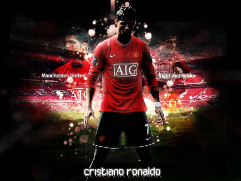 Ronaldo 桌布 壁紙 — 克里斯蒂亞諾·羅納度身穿曼聯紅色球衣，自信地站立，背景有發光粒子及球場。