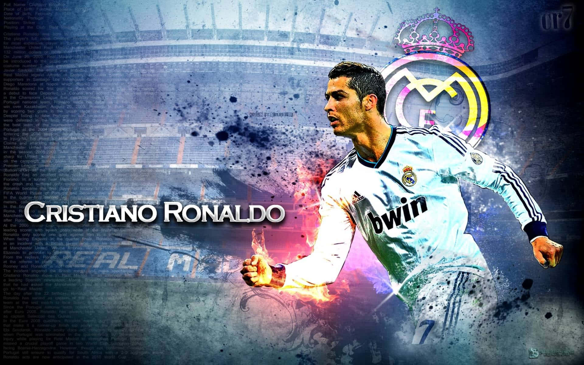 Cristiano Ronaldo 足球 桌布 壁紙 — 克里斯蒂亞諾·羅納度身穿皇家馬德里球衣，在球場背景下充滿火焰能量地動態奔跑。