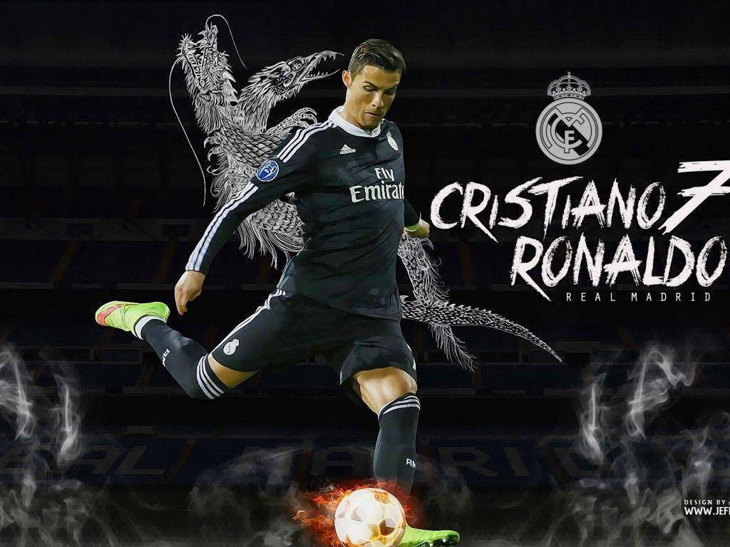 Ronaldo 桌布 壁紙 — 克里斯蒂亞諾·羅納度身穿皇家馬德里球衣，在煙霧瀰漫的球場背景下踢一個燃燒的足球，身後有龍形圖案盤旋。