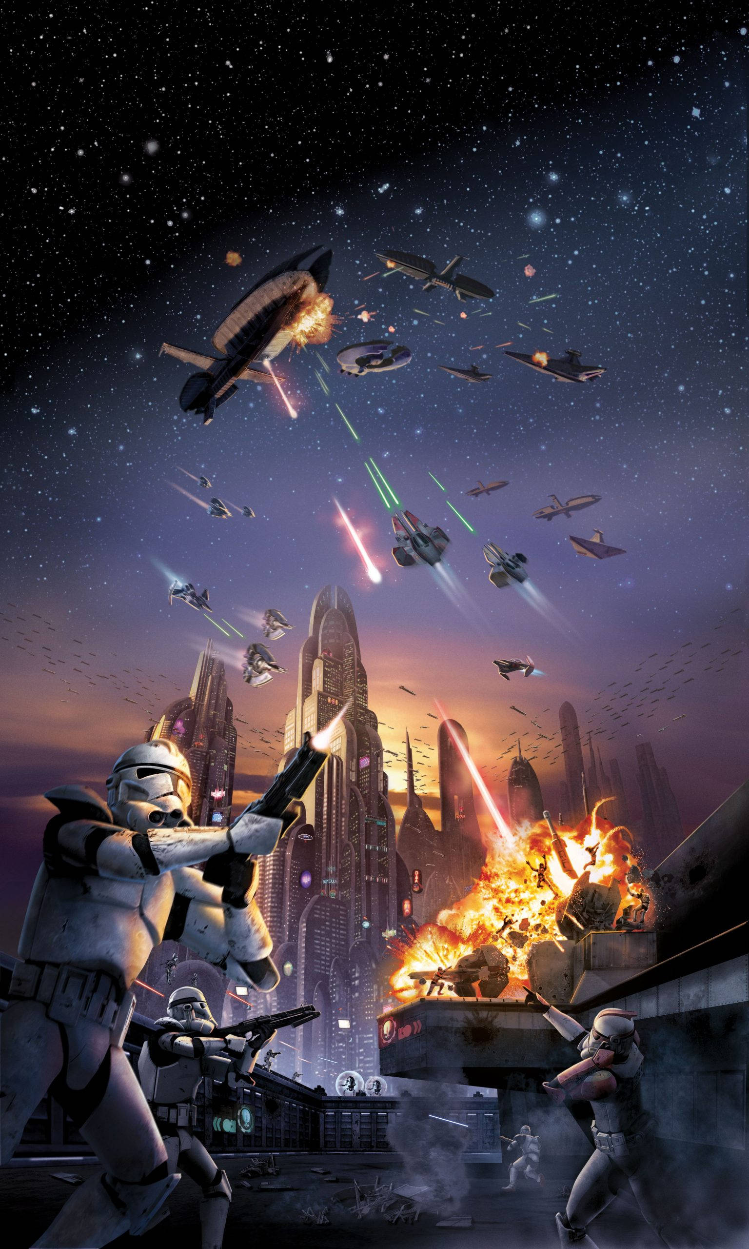 star wars iPhone 6 plus 桌布 壁紙 — 克隆人部隊在爆炸的建築物和飛行的星際戰鬥機之間戰鬥，背景是星光閃爍的暮色天空。