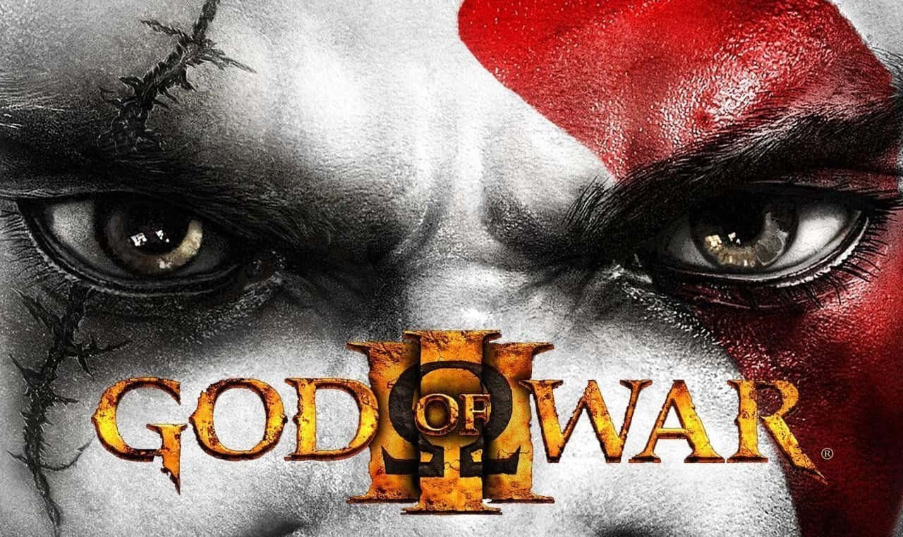 遊戲 桌布 壁紙 — 克雷多斯（Kratos）充滿強烈表情的臉部特寫，被紅色戰漆和黑色傷疤分割，帶有《God of War III》標題。