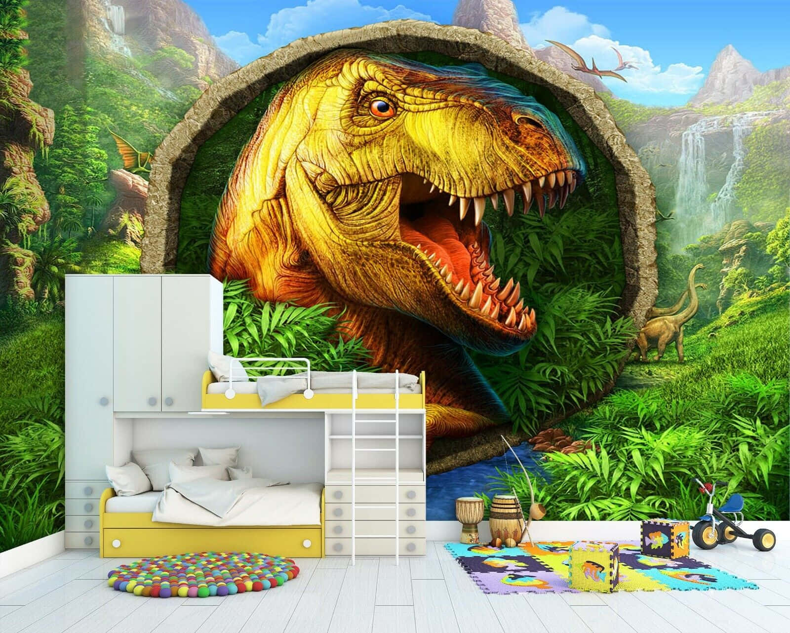 3d Dinosaur 桌布 壁紙 — 兒童房內有巨大的咆哮暴龍頭穿過石拱門，背景是茂密的綠色叢林壁紙。