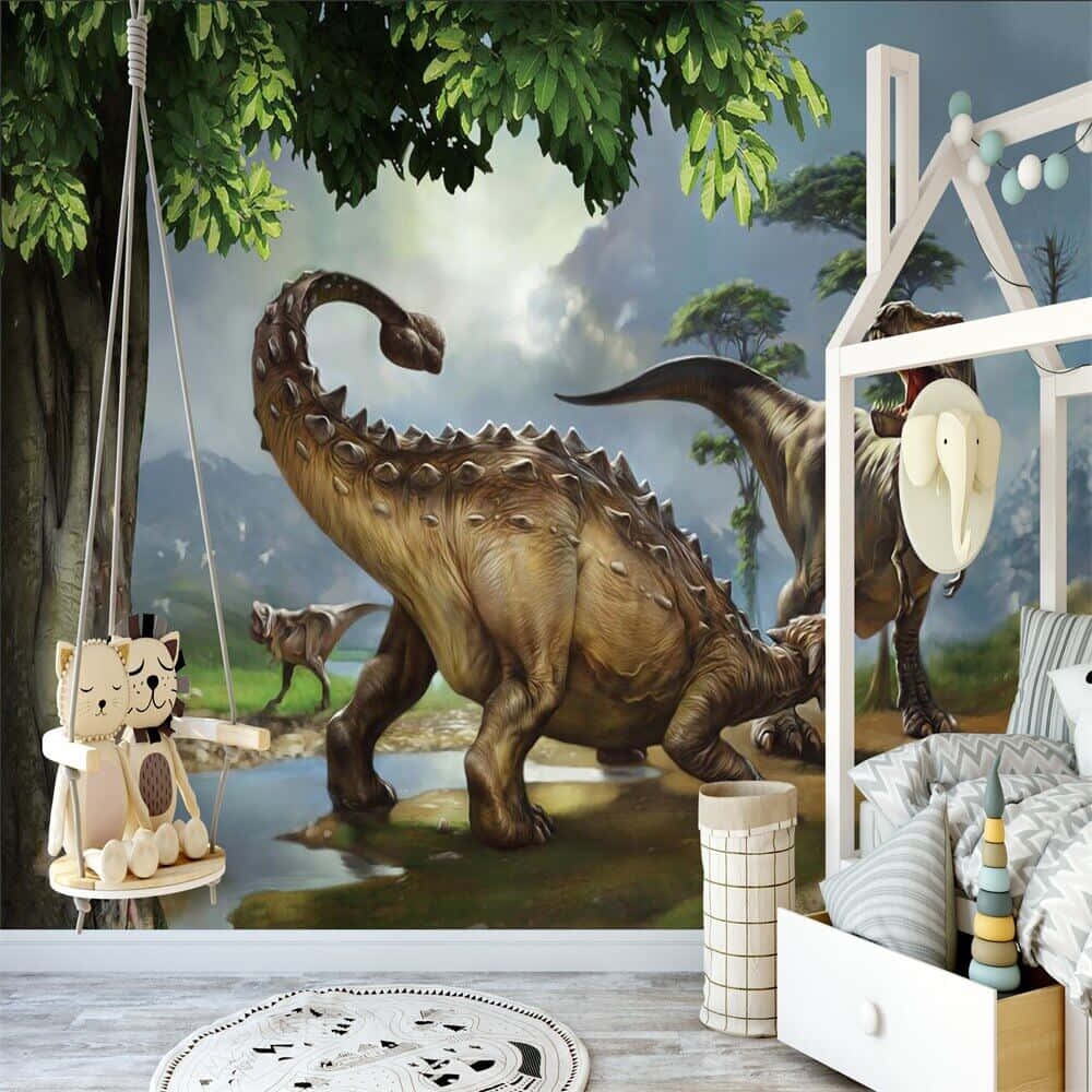 3d Dinosaur 桌布 壁紙 — 兒童臥室採用生動的恐龍壁紙，描繪樹葉茂密的樹木下池塘附近的劍龍。