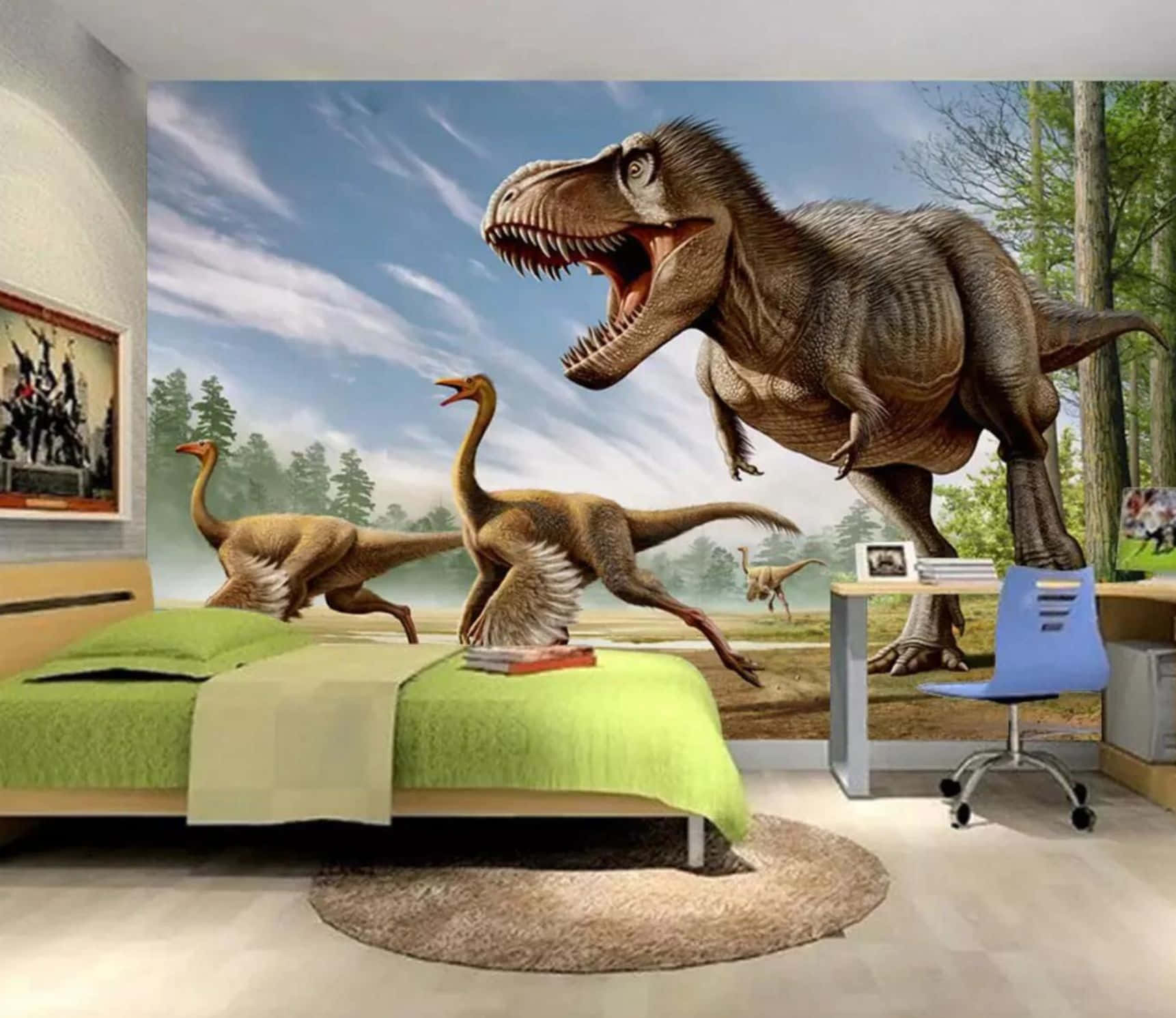 3d Dinosaur 桌布 壁紙 — 兒童臥室設有巨型恐龍壁紙，以森林為背景，有一隻咆哮的暴龍和奔跑的獸腳類恐龍。