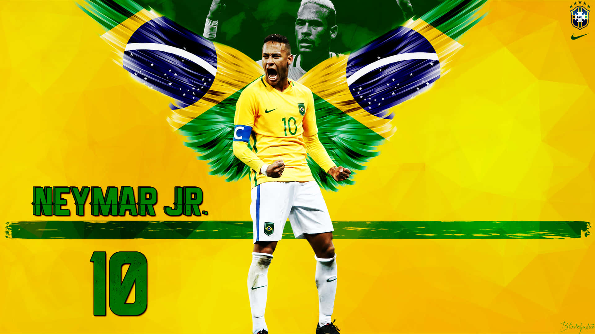 内马尔 桌布 壁紙 — 內馬爾（Neymar Jr.）身穿巴西黃色球衣，在鮮黃色背景上展開旗幟翅膀，發出勝利的咆哮。