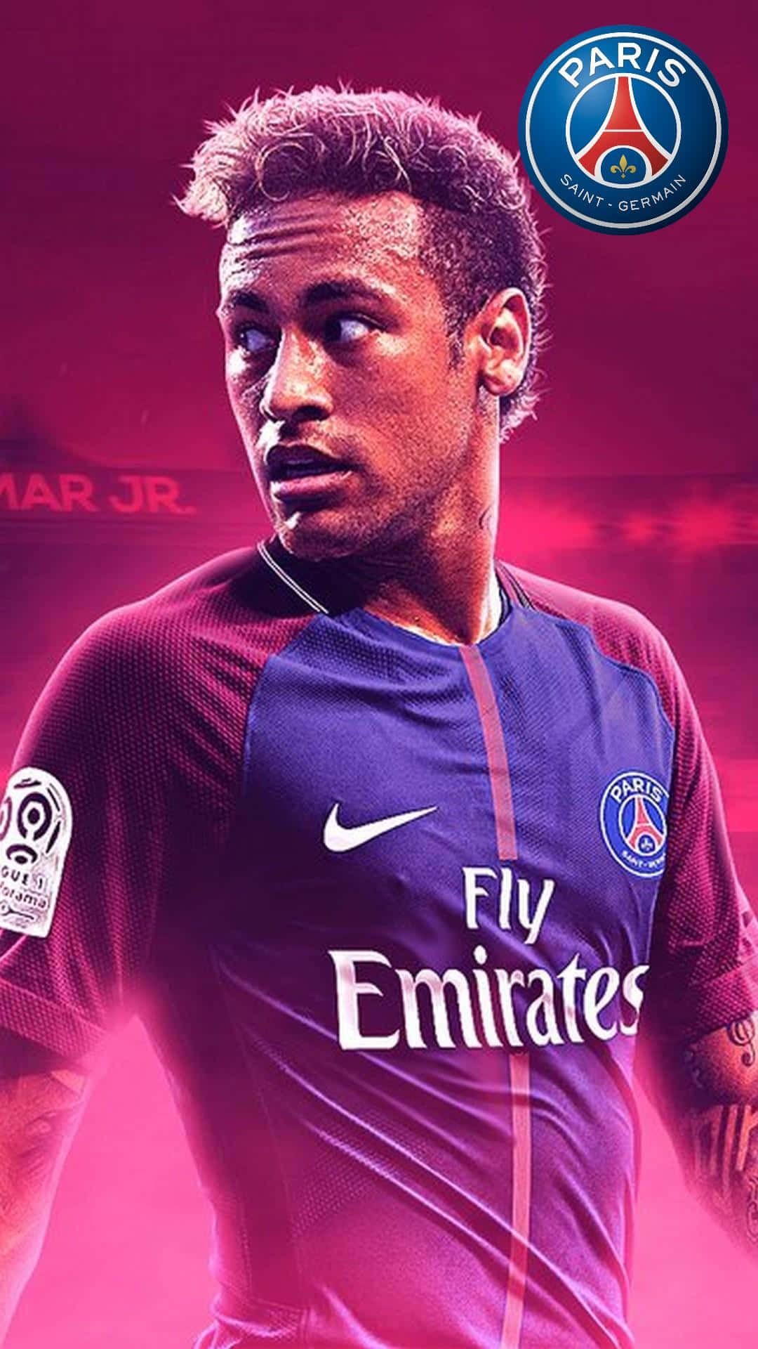 足球 桌布 壁紙 — 內馬爾（Neymar Jr）身穿巴黎聖日耳曼球衣的特寫，背景是充滿活力的粉紅色和紫色發光效果。