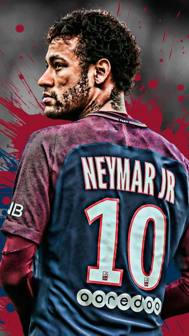 足球 桌布 壁紙 — 內馬爾（Neymar Jr）身穿巴黎聖日耳曼球衣的粗獷特寫，背後有紅色油漆飛濺。