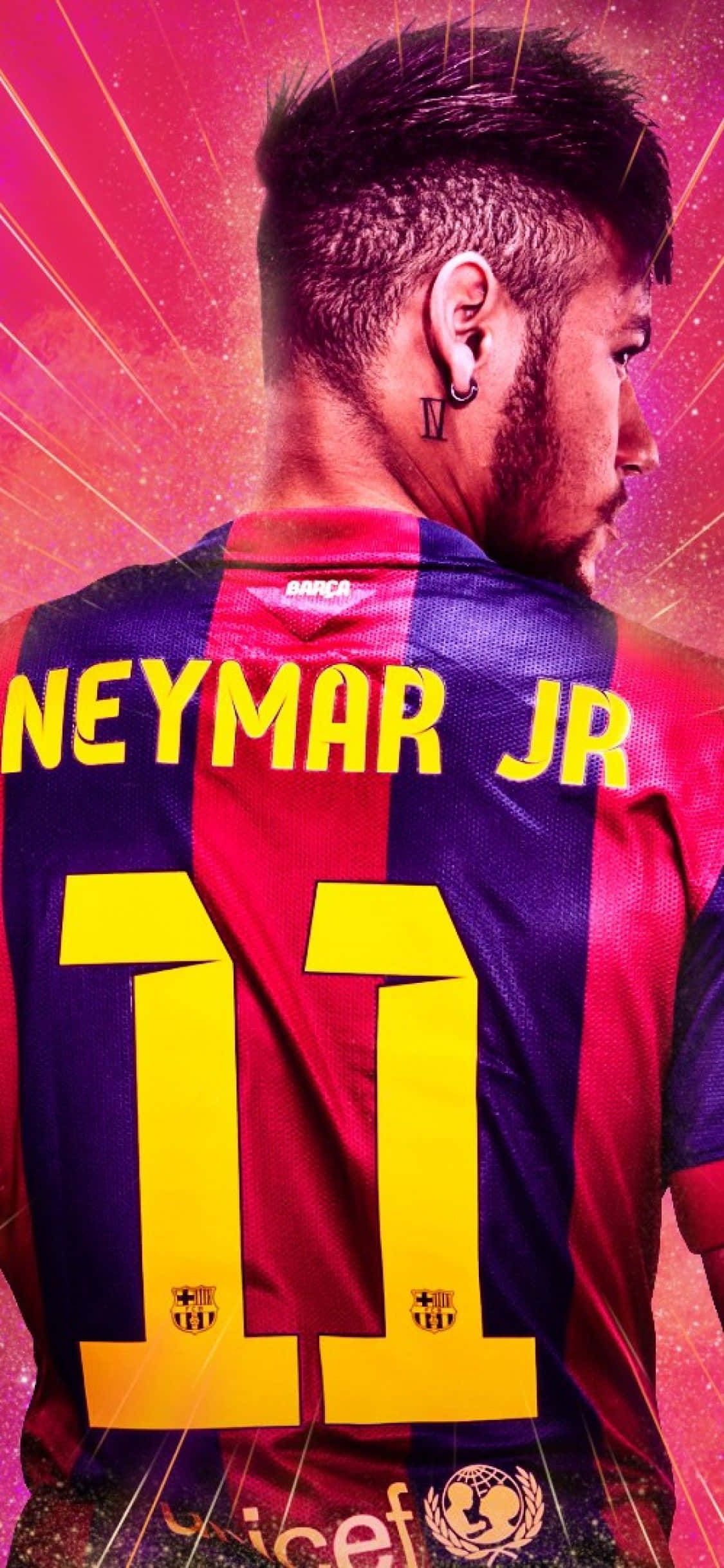 Neymar iPhone 桌布 壁紙 — 內馬爾·朱尼奧身穿巴塞隆納11號球衣，在充滿活力的粉紅色和紫色宇宙背景下的動態肖像。
