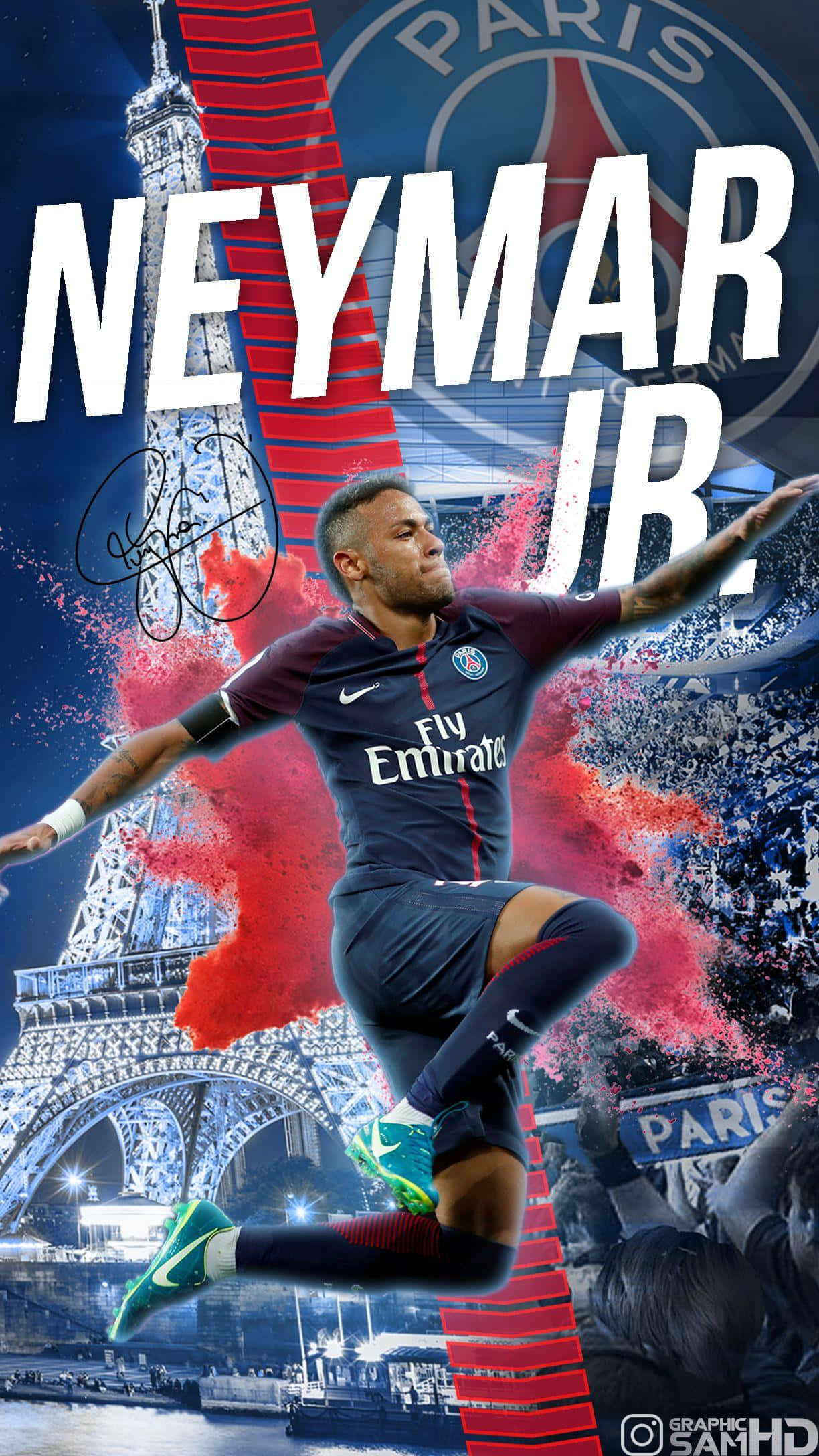 Neymar iPhone 桌布 壁紙 — 內馬爾·朱尼爾身穿巴黎聖日耳曼球衣，在艾菲爾鐵塔和球場觀眾的鮮豔背景下動態躍起。