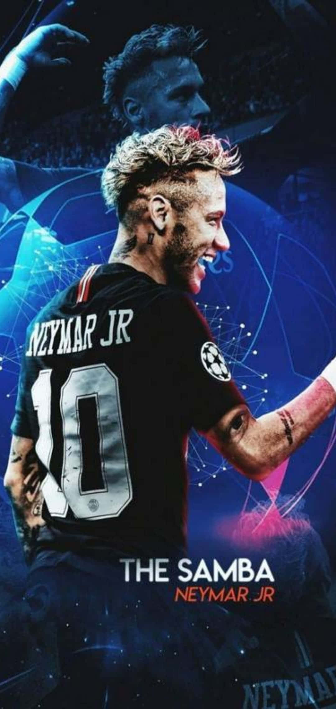 Neymar iPhone 桌布 壁紙 — 內馬爾·朱尼爾身穿黑色10號球衣慶祝的動態數位肖像，周圍環繞著發光的藍色和粉紅色能量線。