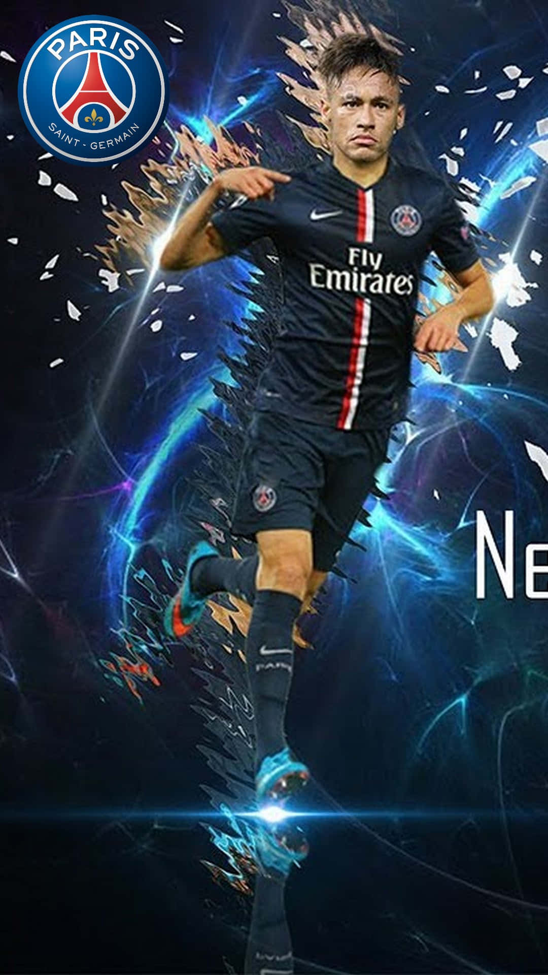 Neymar iPhone 桌布 壁紙 — 內馬爾身穿巴黎聖日耳曼球衣，以發光藍色能量爆發背景的動態數位藝術肖像。