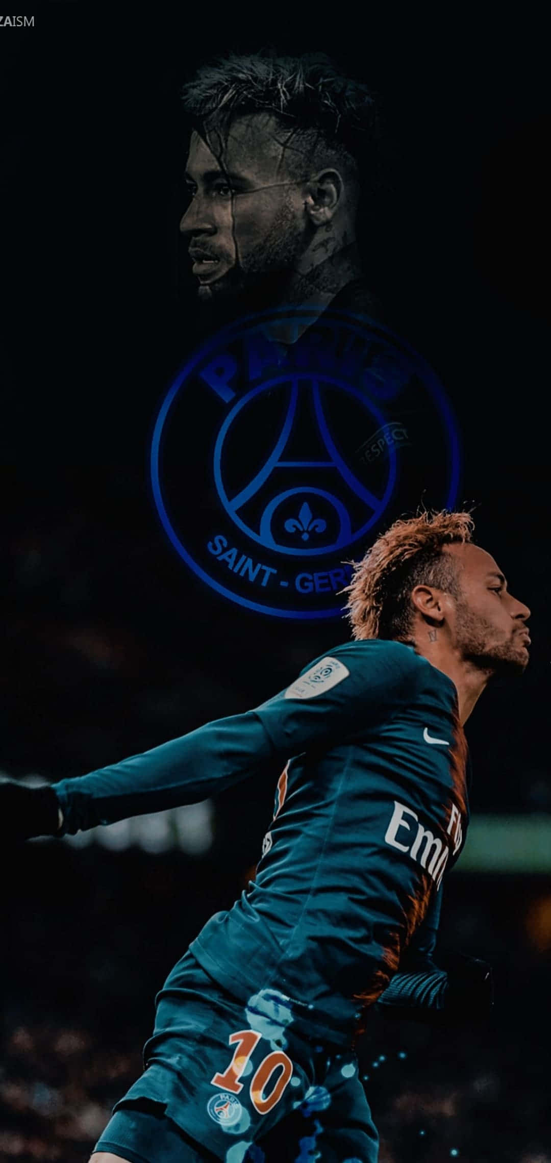 Neymar iPhone 桌布 壁紙 — 內馬爾身穿巴黎聖日耳曼球衣慶祝的戲劇性特寫，背後有發光的球隊標誌。