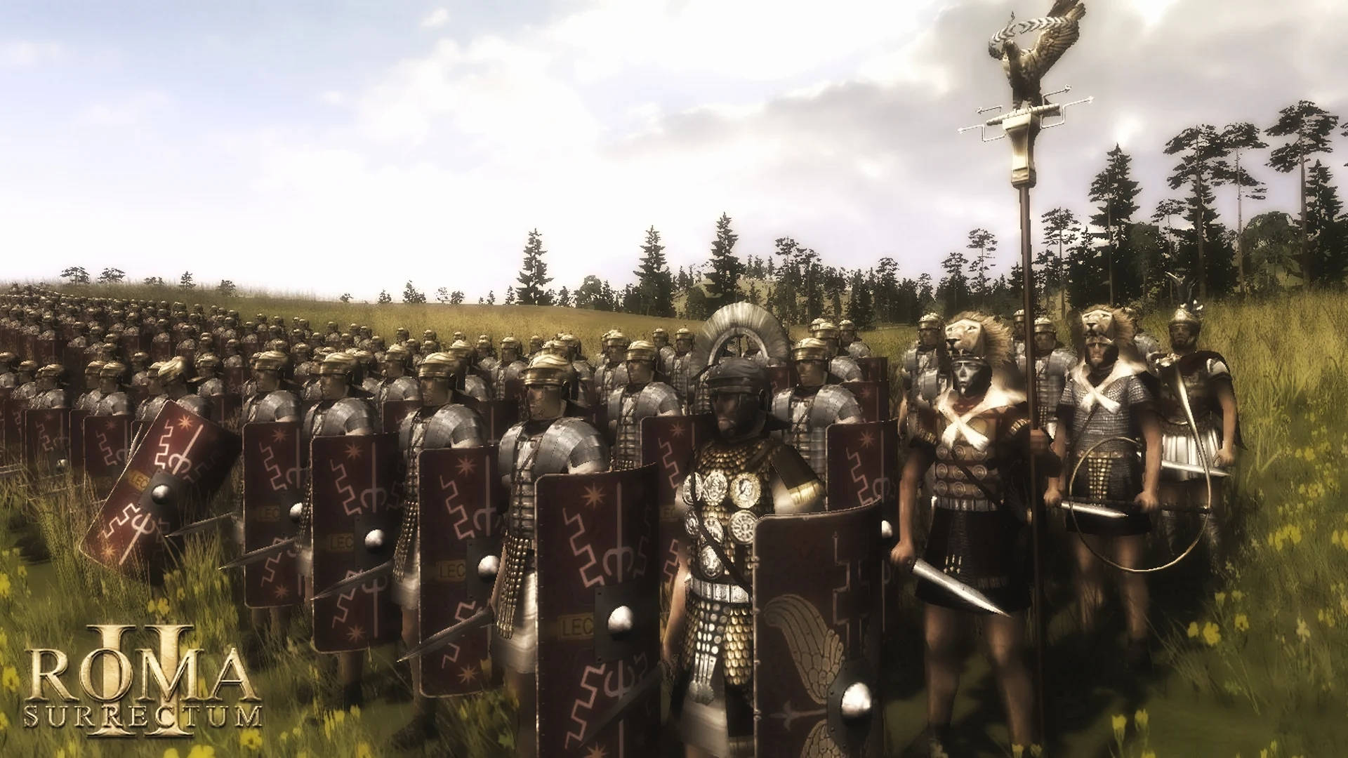 Total War Rome 2 桌布 壁紙 — 全副武裝的羅馬軍團士兵在陰天下的草地上緊密排列。