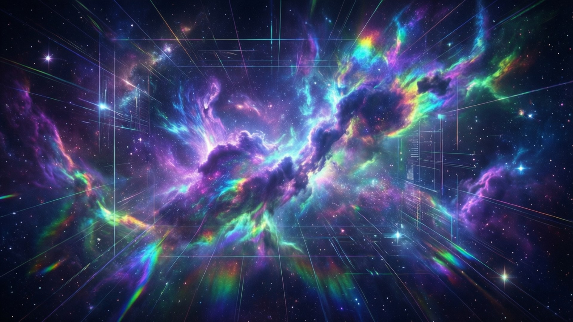 全息宇宙星云 壁紙 — 充滿活力的宇宙星雲，帶有電光紫、綠和藍色雲朵，在星場背景下發光，並覆蓋著發光的網格線。
