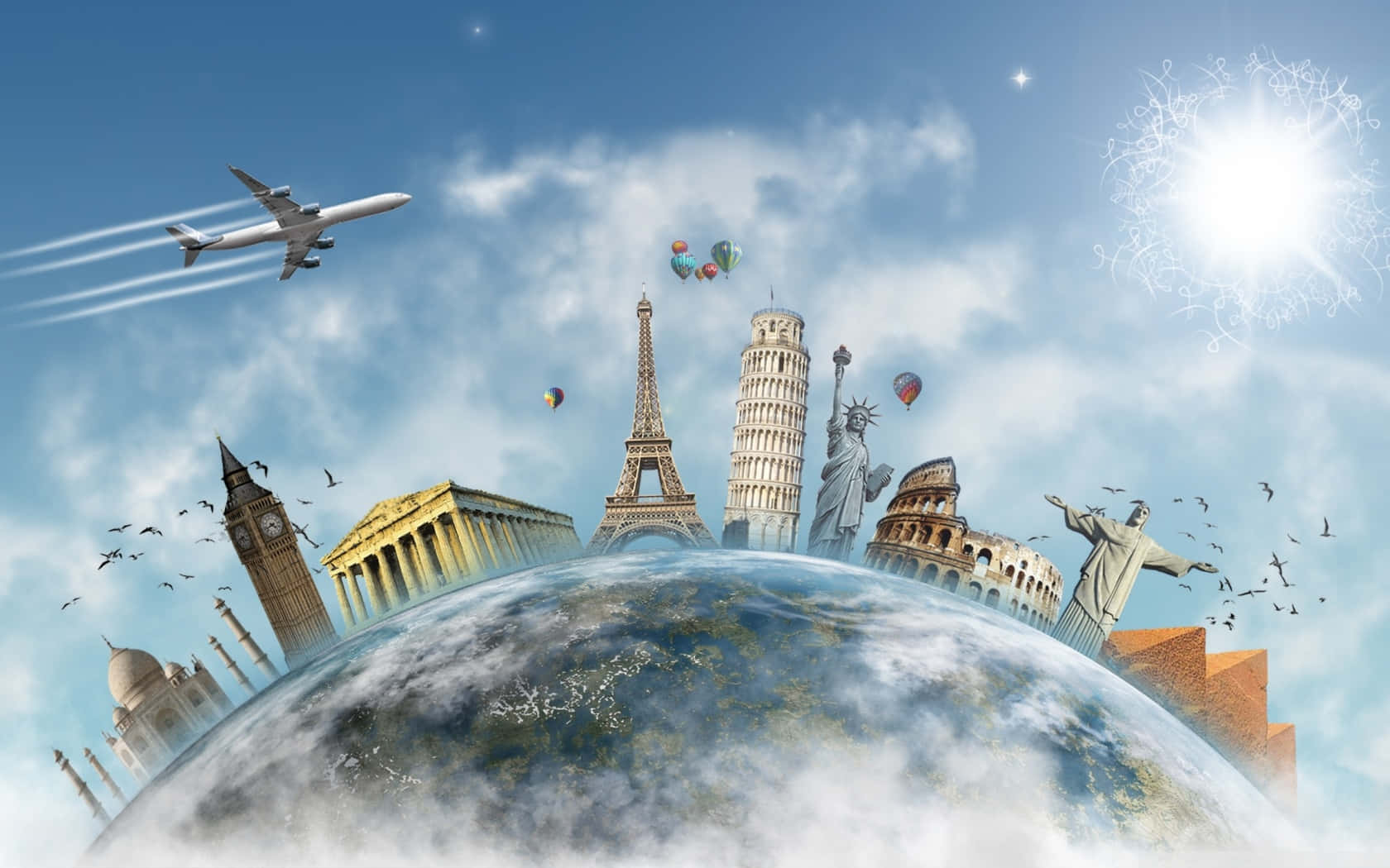 World 桌布 壁紙 — 全球地標漂浮在彎曲的地球上方，飛機和熱氣球在明亮的藍天下翱翔。
