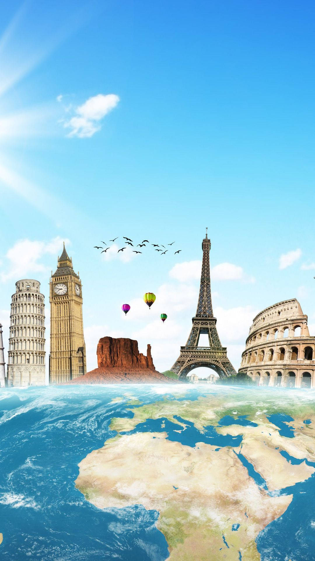 iPhone Travel 桌布 壁紙 — 全球地標漂浮在藍色星球之上，熱氣球和鳥兒在晴朗的天空下翱翔。