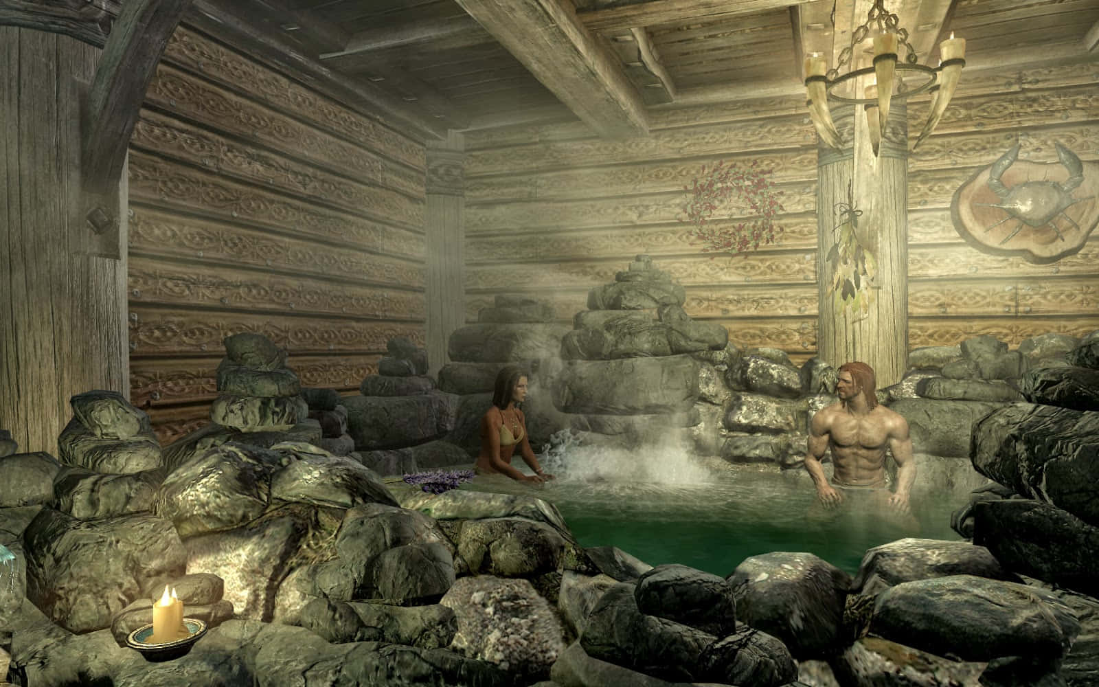 Skyrim Brynjolf 桌布 壁紙 — 兩人在一間質樸的木製桑拿房中放鬆，石製熱水浴缸蒸汽在溫暖燭光下升起。
