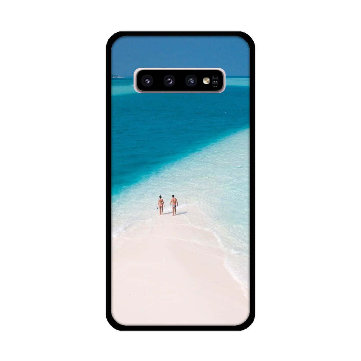 Galaxy S10 桌布 壁紙 — 兩人在清澈藍天下沿著純白沙洲漫步於碧綠海水之中。