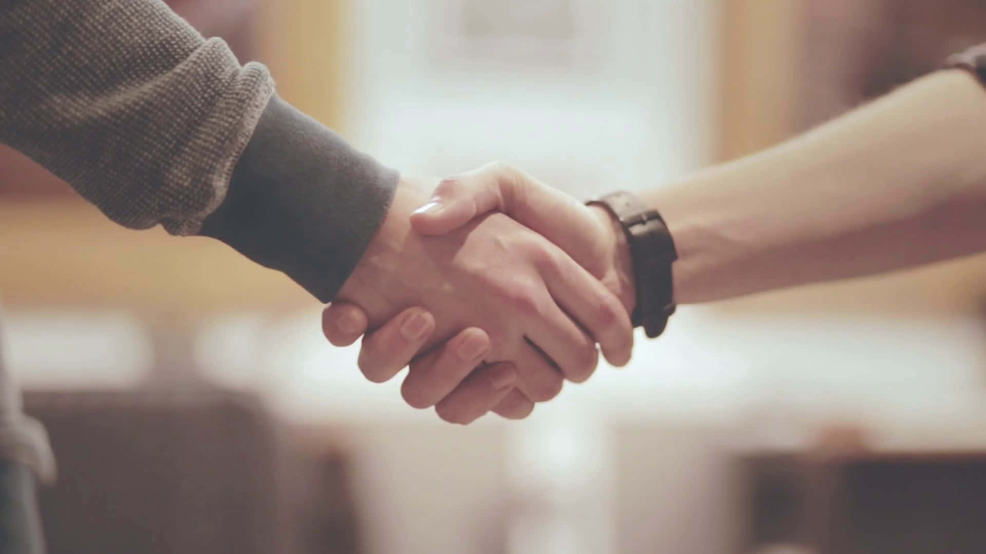 hands 桌布 壁紙 — 兩人在溫暖的室內環境中握手，背景柔和模糊。
