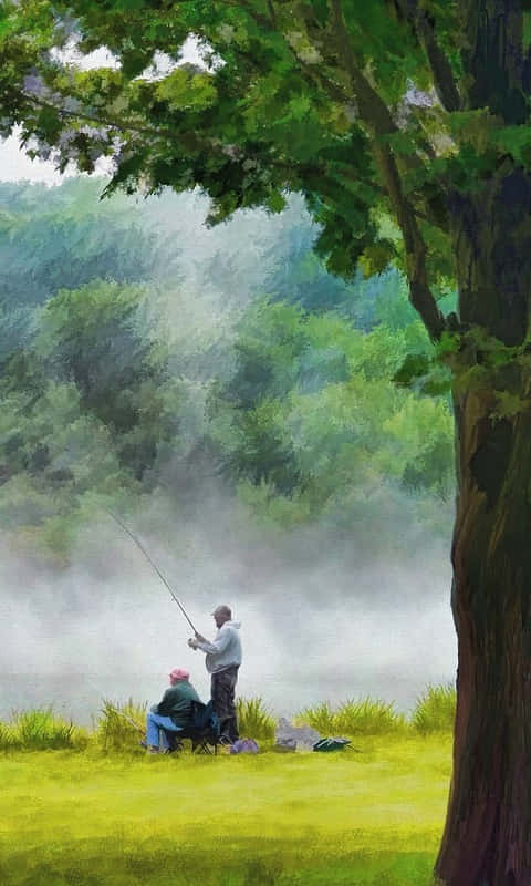兩人在大樹下霧氣瀰漫的河邊釣魚。 — 釣魚 GIF 壁紙