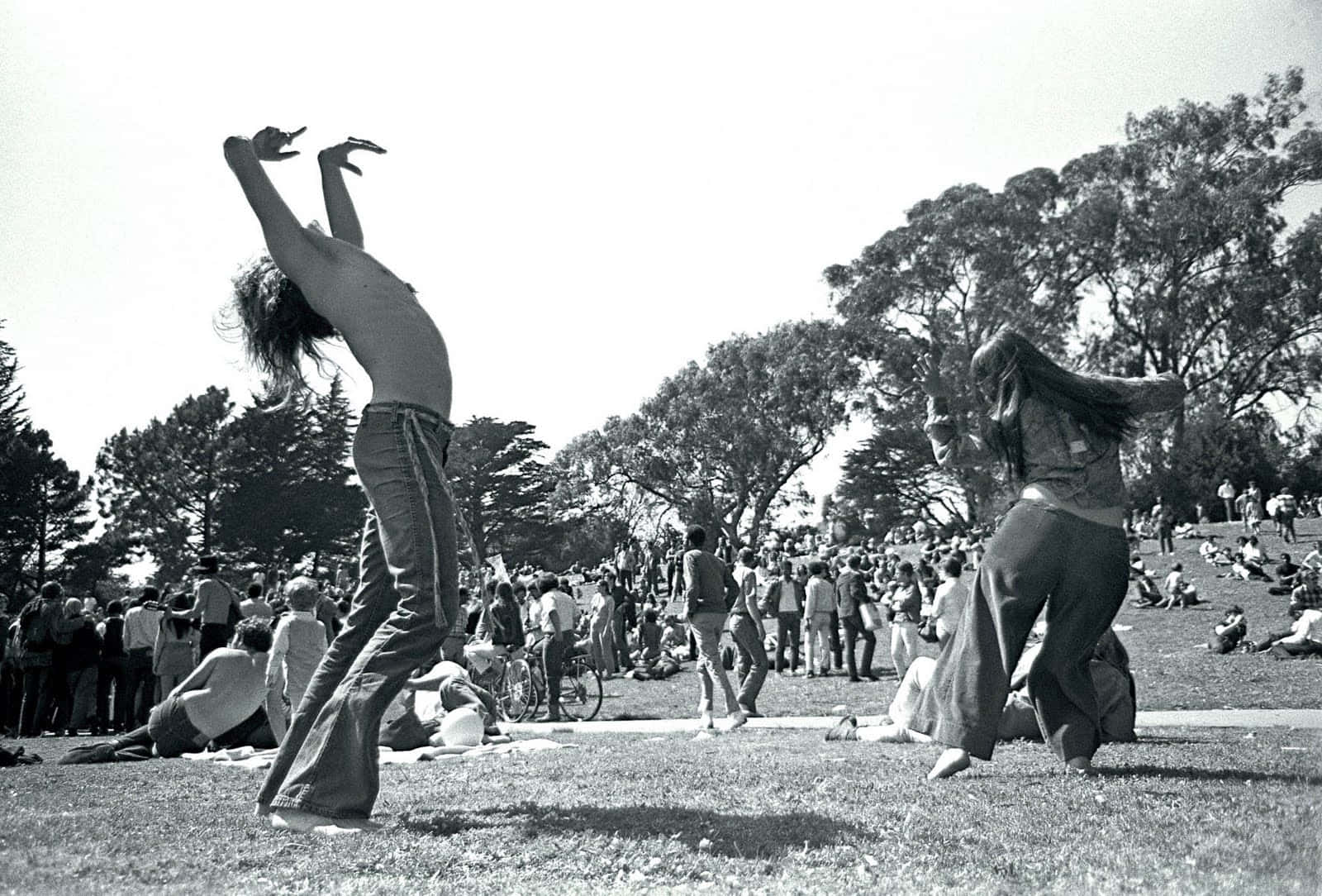 woodstock 桌布 壁紙 — 兩人在陽光明媚、樹木林立、人群擁擠的公園中表演富有表現力的舞蹈動作。