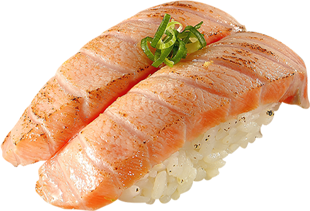 Salmon 桌布 壁紙 — 兩件完美烤製的鮭魚握壽司，上面放上新鮮青蔥，放在潔淨的白色背景上。