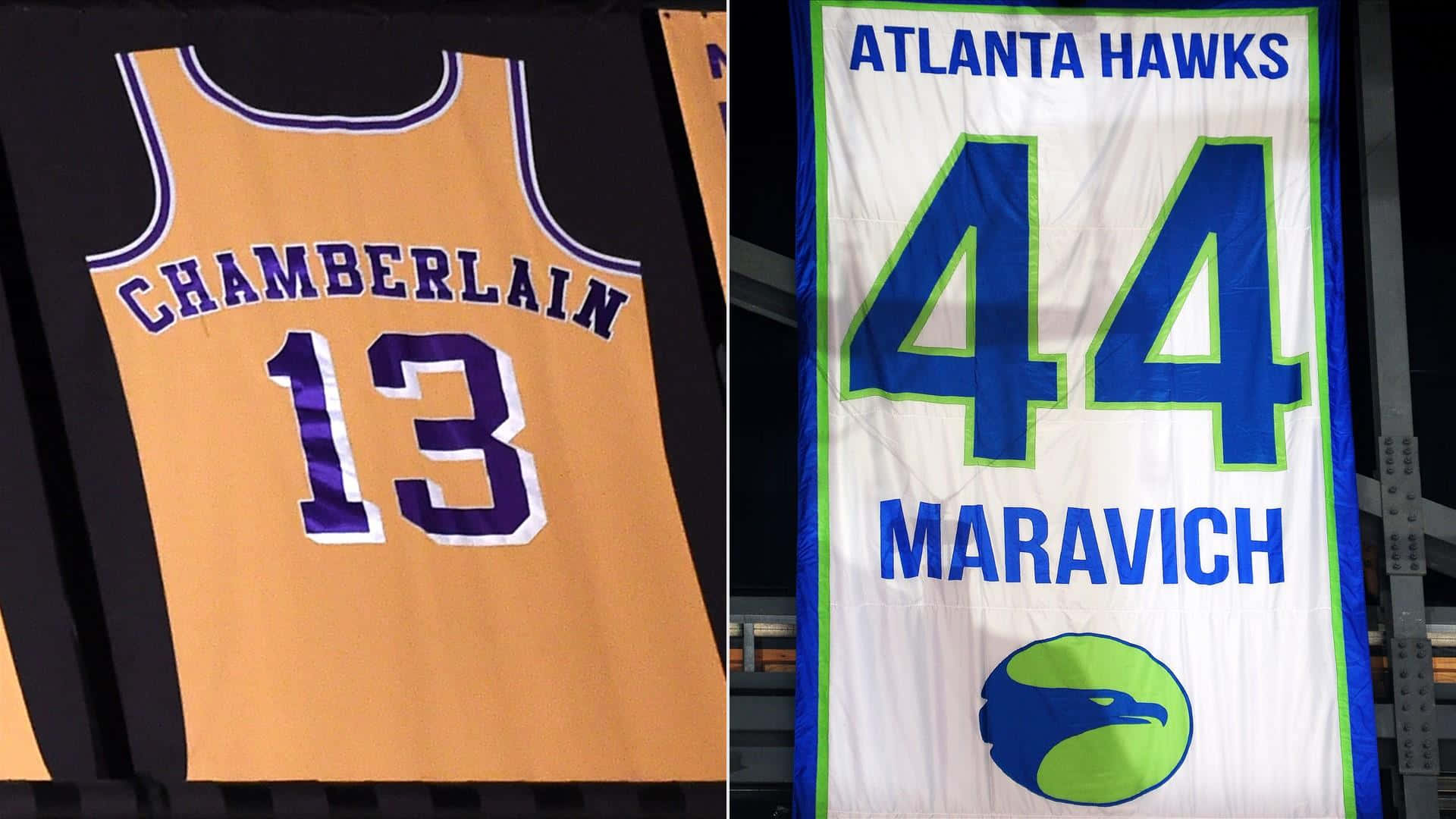 NBA 桌布 壁紙 — 兩件已退役的籃球球衣並排掛著，一件橙色印有Chamberlain 13，另一件白色印有Maravich 44。