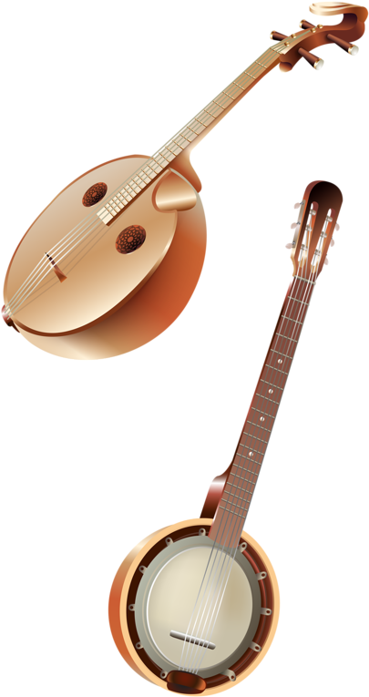 Mandolin 桌布 壁紙 — 兩件木製弦樂器，曼陀林和班卓琴，以流暢的數位藝術呈現在黑色背景上。