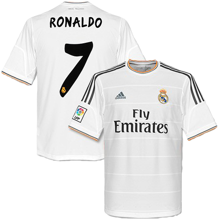 Soccer Aesthetic 桌布 壁紙 — 兩件白色皇家馬德里足球球衣，印有羅納度的名字和7號，展示在黑色背景上。