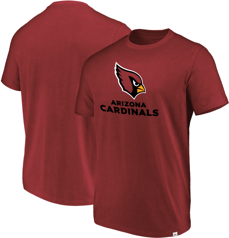 Arizona Cardinals 桌布 壁紙 — 兩件紅色亞利桑那紅雀隊T恤在黑色背景上展示，一件正面顯示標誌和文字，另一件背面顯示粉紅色飾邊。