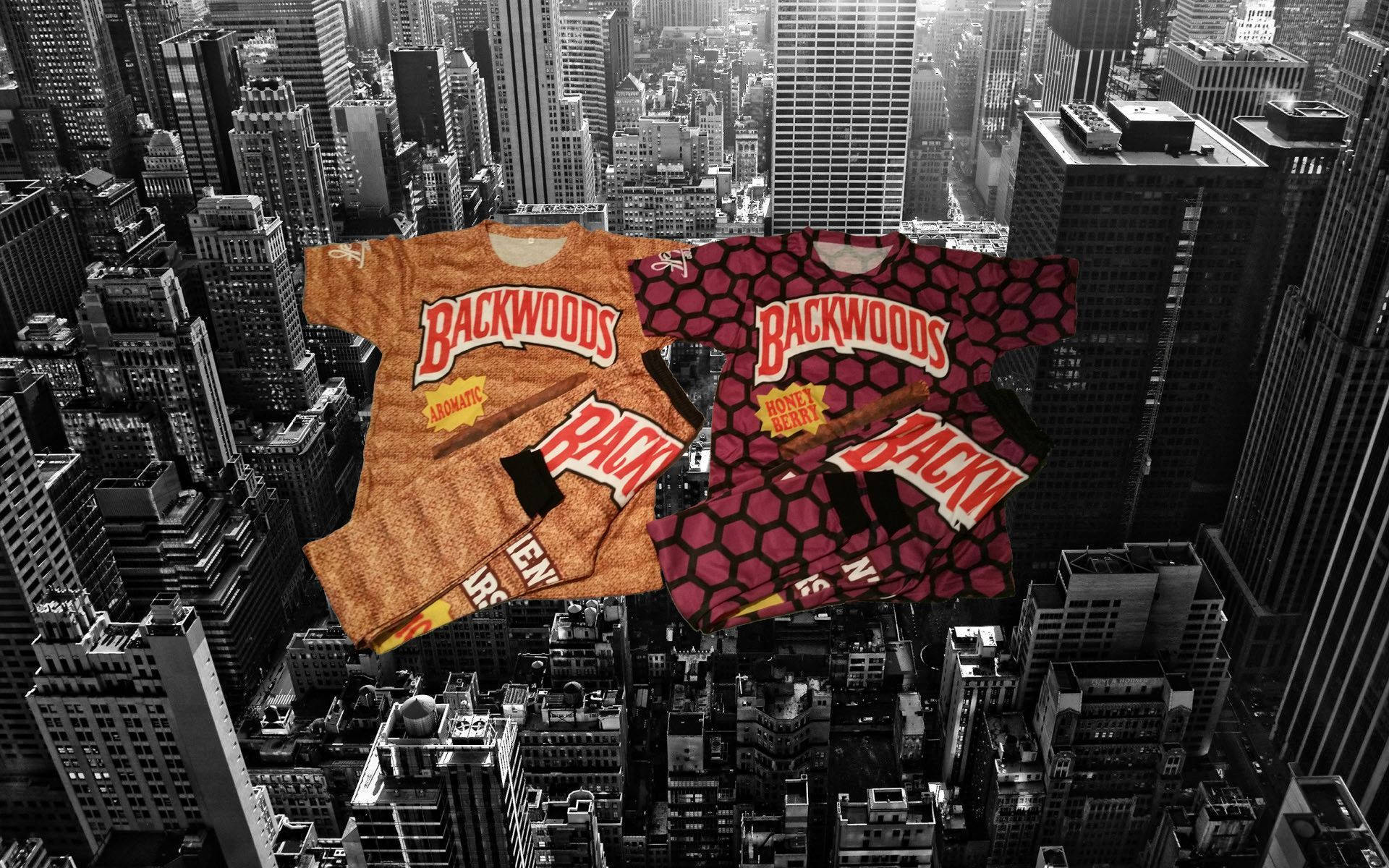 Backwoods 桌布 壁紙 — 兩件色彩繽紛的Backwoods香煙T恤漂浮在黑白摩天大樓城市景觀之上。