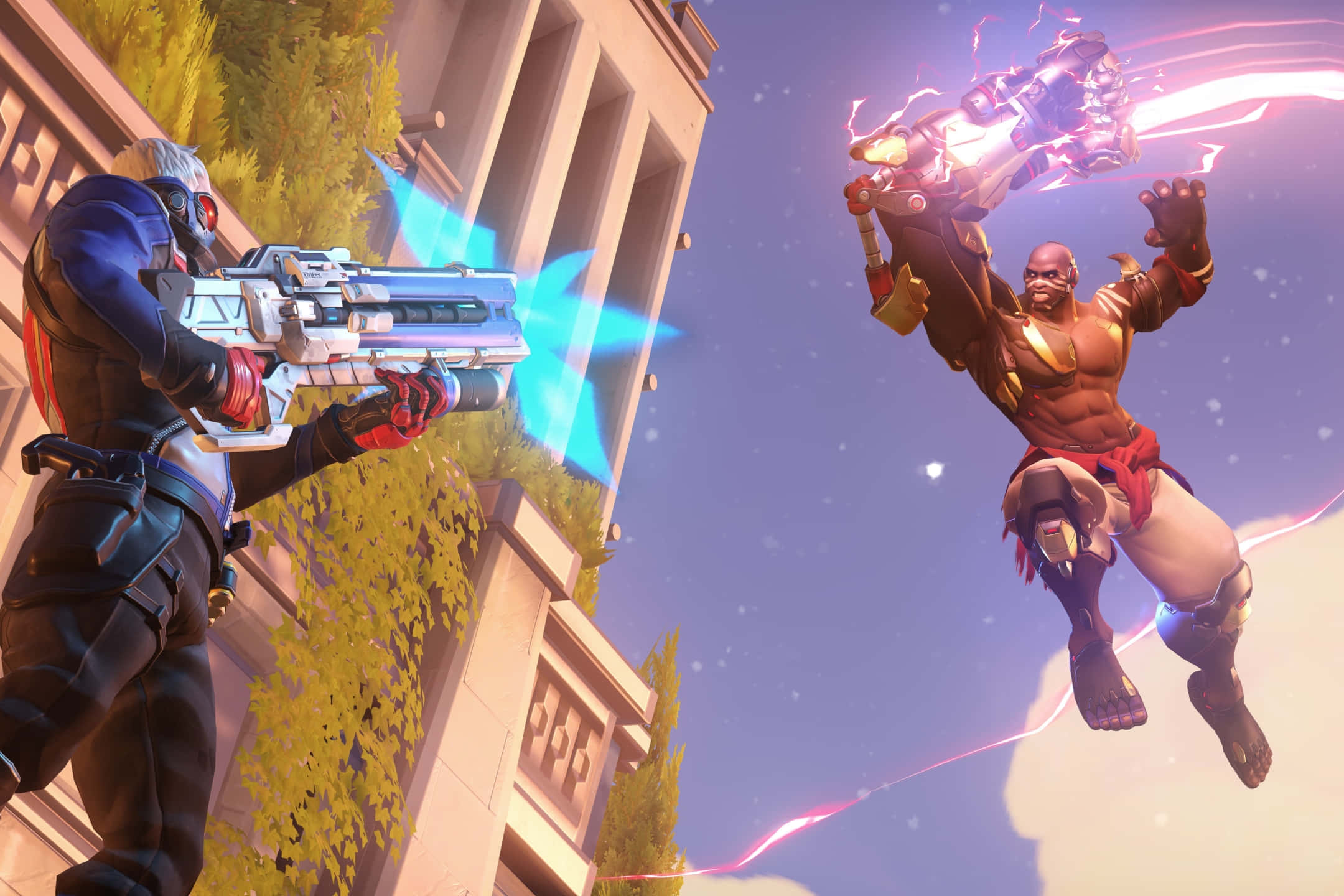 Soldier 76 桌布 壁紙 — 兩位《鬥陣特攻》英雄在空中交鋒，一位發射藍色能量武器，另一位揮舞著發光的粉紅色能量劍翱翔。