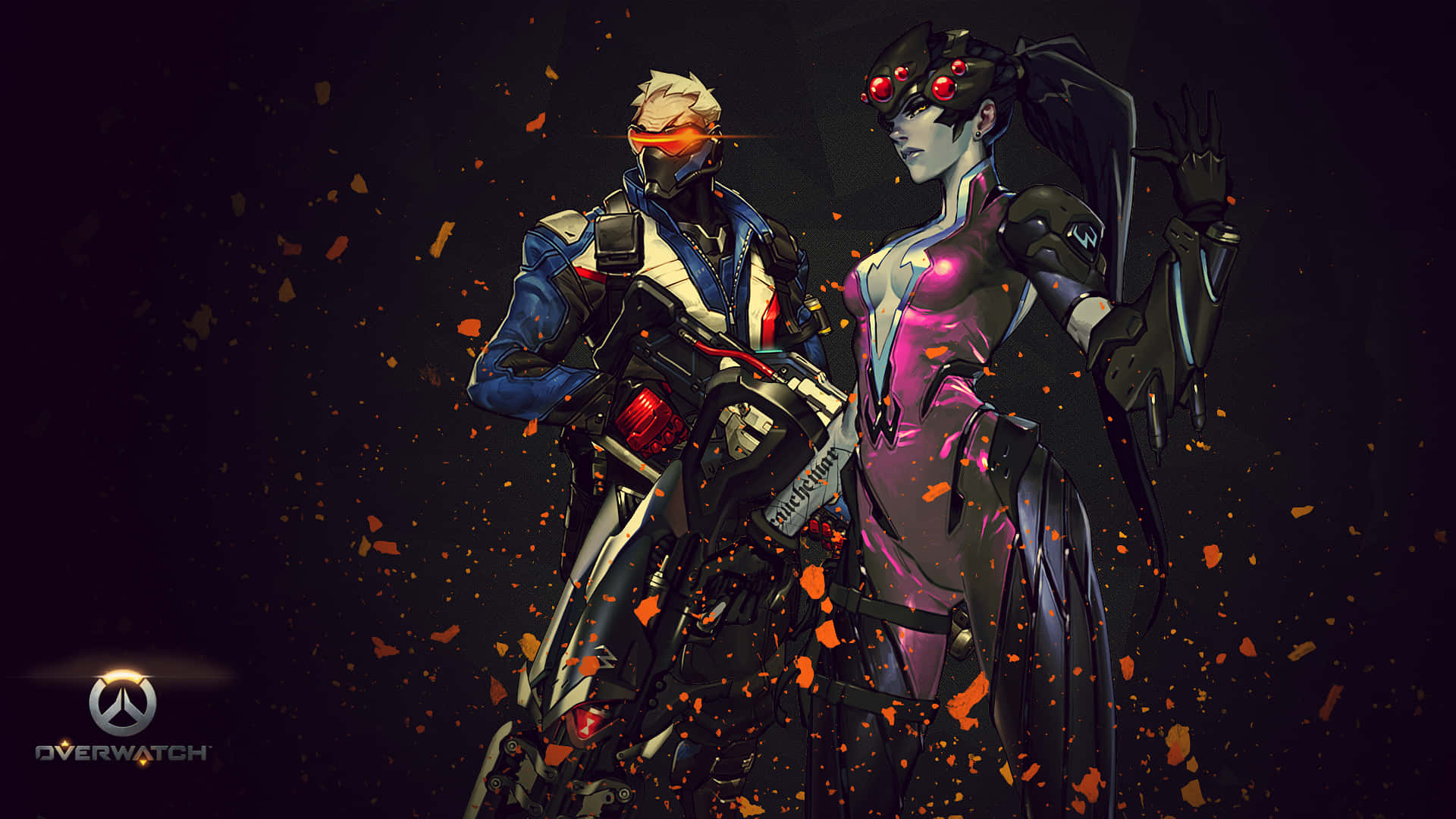 Soldier 76 桌布 壁紙 — 兩位《鬥陣特攻》英雄身處黑暗空間，四周環繞著發光的橙色碎片，身穿強烈的未來風格盔甲，雙眼閃爍光芒。